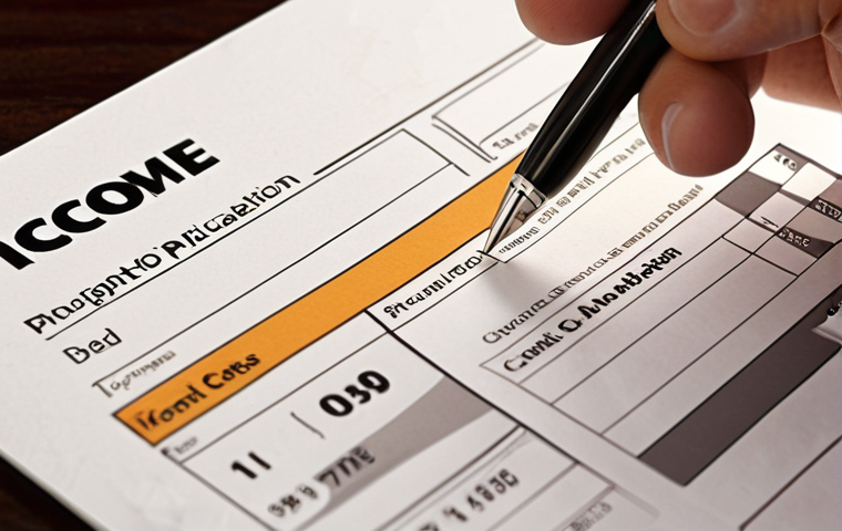 **
Prompt: Close-up of a credit card application form with a pen hovering over the "Income" section. Focus on the details of the form and the anxious expression of the person filling it out. Soft, diffused lighting.
**